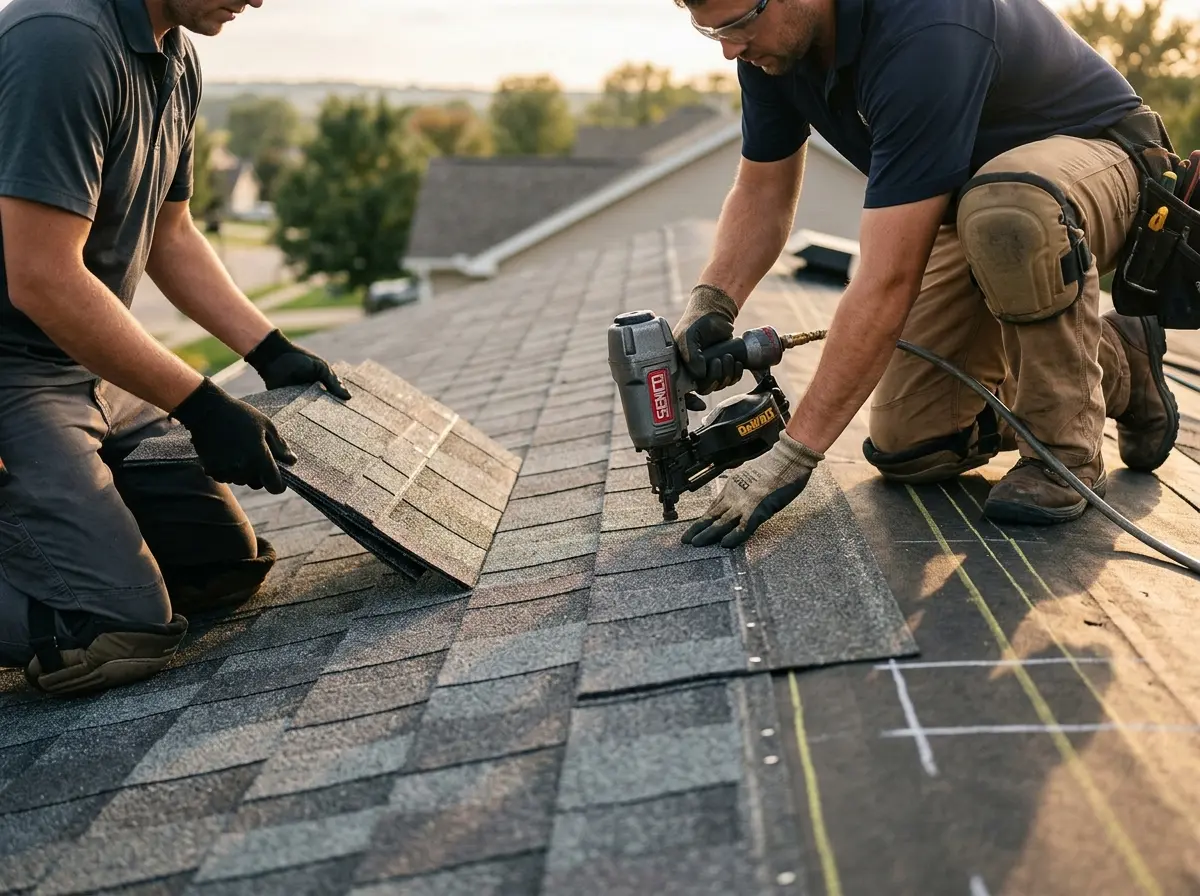 Professional roofer working on a residential roof in North Springfield